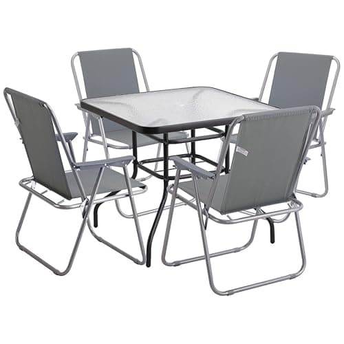 Image of URBN GARDEN Outdoor Garden Square Glass Table & Folding Metal Chairs Set - Parasol Hole, Compact Storage - Patio Dining Furniture for Balcony, Deck, Terrace, Outdoor Seating, 4 Chairs