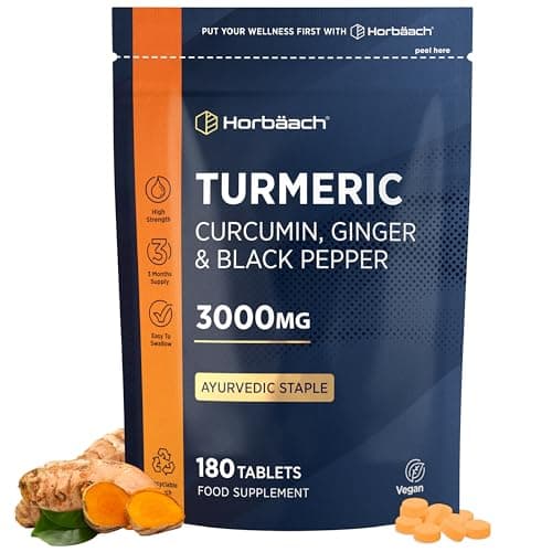 Image of Turmeric Tablets 3000mg with Black Pepper & Ginger | 95% Curcuminoids | High Strength Active Curcumin Extract | 180 Vegan Tablets (Not Capsules) - 3 Month Supply | Horbaach