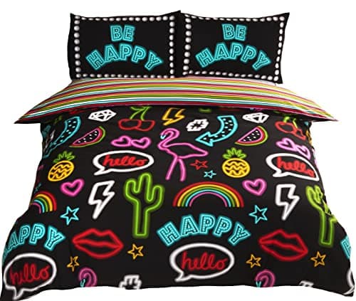 Image of Rapport Single Duvet Cover Set | Black Neon Graffiti Striped Reversible Bedding | Soft Polycotton Blend | 135x200cm Duvet & 1 Pillowcase | Funky Kids Teen Bedroom Decor