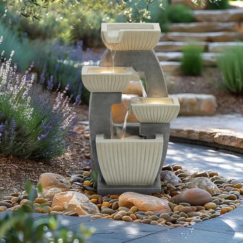 Image of CHARLES BENTLEY 4 Tier, Water Feature, UV Resistant, Weather Resistant, Mains Powered, Plug Included, Frost Resistant, Modern, Water Fountain, Built In LED Lights, Polyresin (65x38x26.5cm)