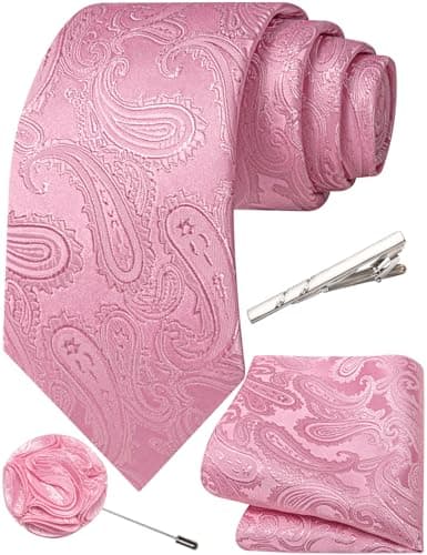 Image of Ailisus Pink Ties for Men Paisley Silk Necktie and Pocket Square Lapel Pin Tie Clip Set Wedding Formal 4PCS