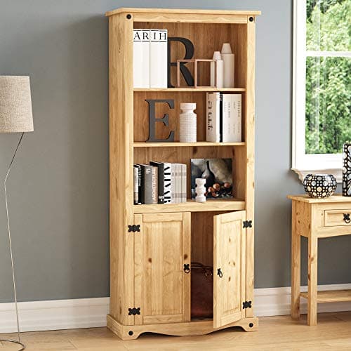 Image of Vida Designs Corona 2 Door Bookcase Display Unit Solid Pine Wood Distressed Waxed Finish