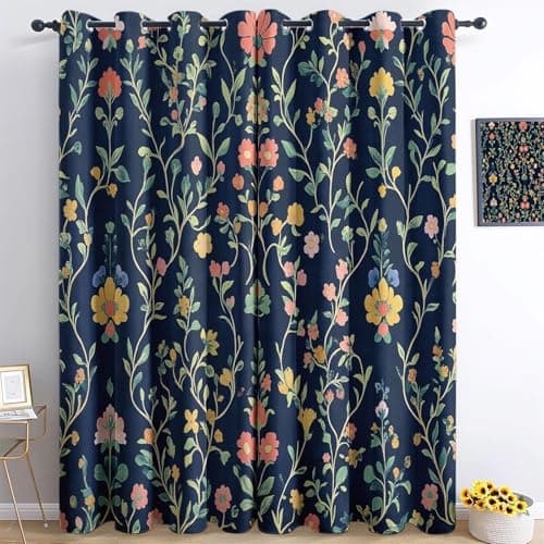 Image of Blackout Curtains Dark Blue for bedroom, Floral Elegance Wildflowers Art Print Thermal Insulated Window Drapes For Living Room Kitchen Playroom, W 46" x L 54" (2 Panels) Soundproof Eyelet Curtain