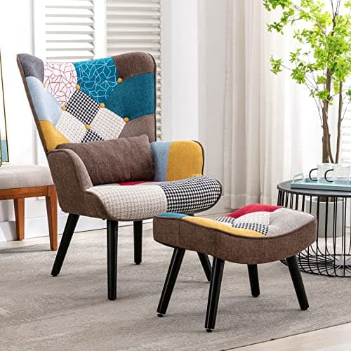Image of HomeMiYN Patchwork Chair,Accent Armchair with Ottoman Single Sofa Chairs with Footstool and Pillow,Fabric Upholstered High Back Armchairs Lounge Chair for Living Room Reading Bedroom