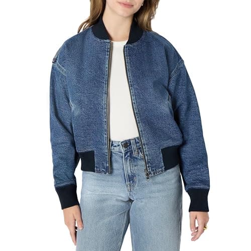 Image of Amazon Essentials Women's Relaxed-Fit Denim Bomber Jacket, Medium Blue Vintage, M