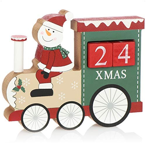 Image of COM-FOUR® Advent calendar made of wood - Cube calendar in train shape - Decorative desk calendar as a countdown to Christmas (Train - Snowman)