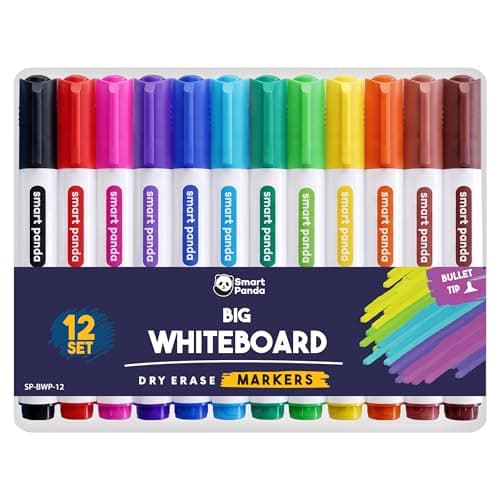Image of Smart Panda 12 Big Whiteboard Pens Bullet Tip Whiteboard Markers – Dry Erase Markers, Perfect for Home, School or Office - 12 Set Assorted Colours