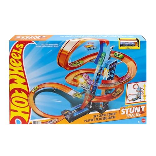 Image of Hot Wheels - Sky Crash Tower Track Set, 2.5+ ft / 83 cm High with Motorized Booster, Orange Track & 1 Hot Wheels Vehicle, Race Multiple Cars, Gift for Kids 5 to 10 Years Old & Up, GWT39
