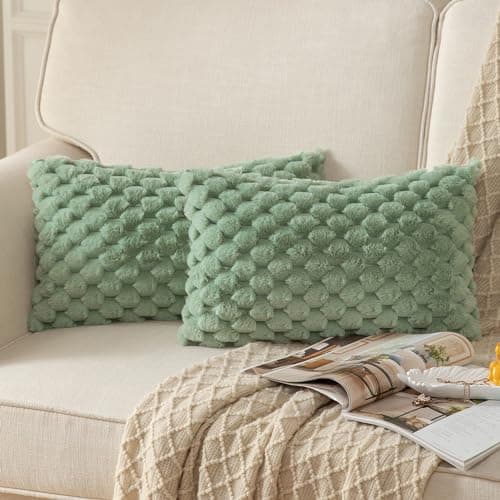 Image of Mandioo Pack of 2 Sage Green Super Soft Plush Decorative Cushion Covers 12x20 inch 30x50 cm Wool Velvet Throw Pillow Covers cases Faux Fur fluffy Couch Sofa Bed Livingroom