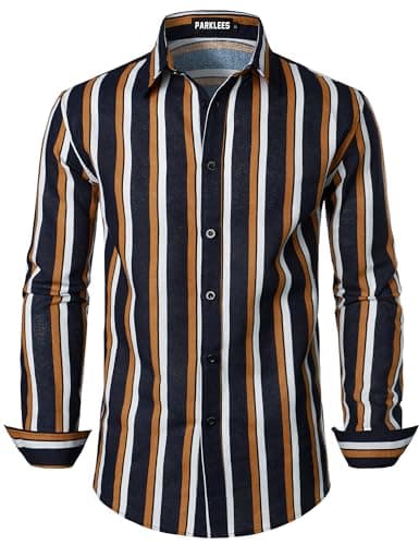 Image of PARKLEES Men's Linen 70s Hippie Traditional Style Pattern Printed Long Sleeve Button up Shirt Navy Stripe Large