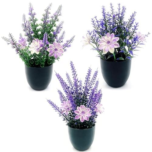 Image of HORREX 3 Pcs Fake Lavender Plant Artificial Lavender in Potted Plants, Decorative Artificial Flowers, Plastic Fake Plants Indoor and Outdoor for Home Kitchen Office Table Centerpieces