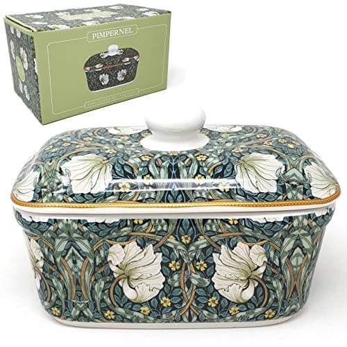 Image of William Morris Pimpernel Butter Dish - Dark Green With Gold Effect Rim