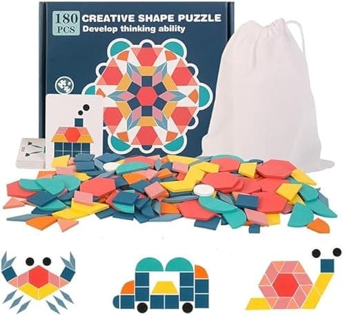 Image of EACHHAHA Tangram Shape Puzzle,180 Pcs Wooden Pattern Blocks,Creative Jigsaw Puzzle Toys for Kids,Montessori Educational Learning Toys for 3 4 5 Year olds Boys and Girls