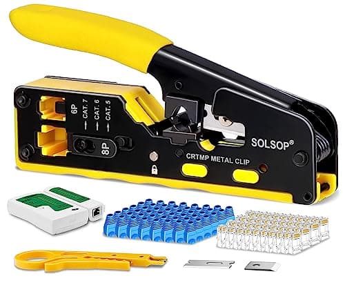 Image of Solsop Pass Through RJ45 Crimp Tool Kit All-in-One Ethernet Crimper Cat7 Cat6 Cat5 Crimping Tool with Network Cable Tester, 50-Pack Cat6 RJ45 Pass Through Connector, 50-Pack Connector Boots