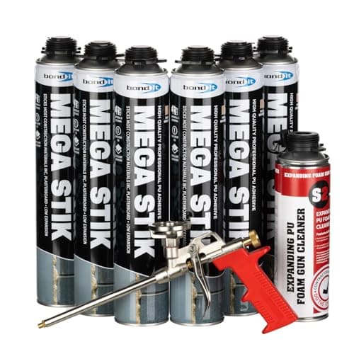 Image of Bond-It Mega Stik PU Adhesive Foam 750ml | No Mess Construction Foam, Plasterboard Adhesive | Box of 6 + Gun & Gun Cleaner