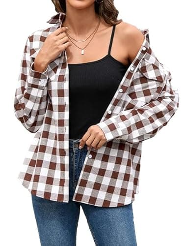 Image of Stamain Women's Brown Checked Shirt Long Sleeve Casual Ladies Plaid Top Button Down Fitted Check Shirt for Women UK Stretch Blouse Top Roll Up with Pockets L