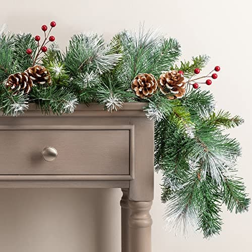 Image of Christow Christmas Garland with Pine Cones and Berries 2.7m / 9ft, Luxury Thick Artificial Frosted Spruce Decoration for Fireplace and Stairs