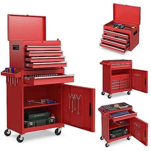 Image of GiantexUK Tool Cabinet, 2 in 1 Lockable Metal Tool Chest with Removable Top Cabinet, Wheels, 5/6 Drawers, Pegboard & Hooks, Heavy-duty Rolling Tool Box Trolley (with Adjustable Shelf, Red)