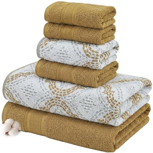 Image of Modern Threads Capri 6-Piece Reversible Yarn Dyed Jacquard Towel Set - Bath Towels, Hand Towels, & Washcloths - Super Absorbent & Quick Dry - 100% Combed Cotton, Gold