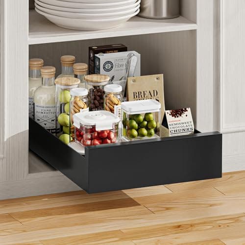 Image of Warmiehomy Pull Out Cabinet Organiser 25cm Width Slide Out Drawer Storage Extendable Sliding Shelves for Kitchen Cupboard, Pantry, Bathroom, Black Sliding Drawer No Need Drill, 25x43x8cm