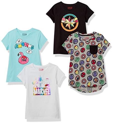 Image of Amazon Essentials Disney | Marvel | Star Wars | Frozen | Princess Girls' Short-Sleeve T-Shirts, Pack of 4, Black/Blue/Grey/White Marvel Super Hero, 11-12 Years
