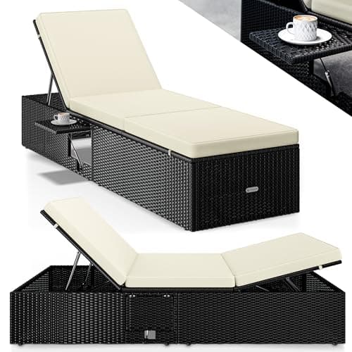 Image of CASARIA® Polyrattan Sun Lounger with 7cm Thick Water Repellent Cushion Fold-Out Table | 7-Way Adjustable Backrest 200x58cm | Outdoor Patio Garden Pool Deck Chair | Black/Cream
