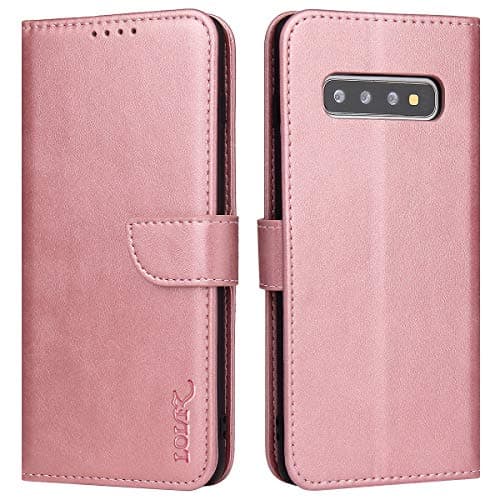Image of LOLFZ Wallet Case for Samsung Galaxy S10, Vintage Leather Book Case with Card Holder Kickstand Magnetic Closure Flip Case Cover for Samsung Galaxy S10 - Rose Gold