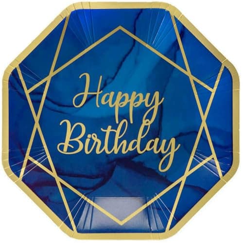 Image of Anniversary House Happy Birthday Paper Dinner Plates, Navy Blue & Gold Geode Birthday, Disposable Paper Party Plates, 23cm (9"), Pack of 8, J125