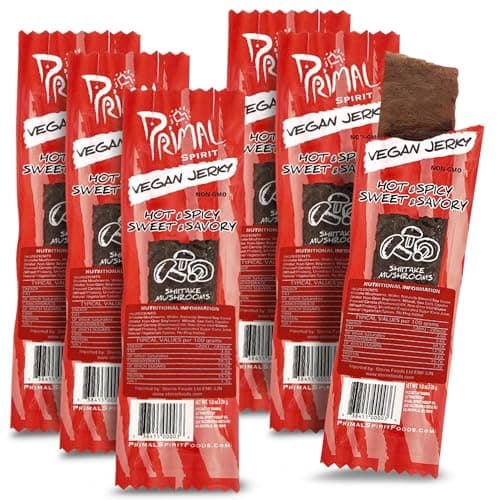 Image of Primal Strips Hot and Spicy Vegan Jerky Pack of 6 (28gm) – Delicious Meat Alternative Healthy Snacks – Non-GMO, High Protein, Traditional Vegan Snacks