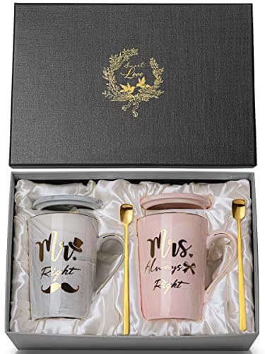 Image of Mr Right and Mrs Always Right Couples Mug Sets for Wedding Gifts, Engagement Gifts, Bride to be, Bridal Shower, Bride and Groom, 14oz Ceramic Marble Cup with Gold Pattern, Microwave Dishwasher Safe