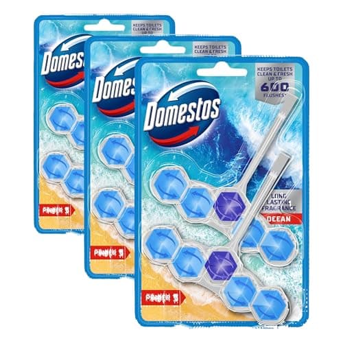 Image of Domestos Power 5 Ocean Toilet Rim Blocks toilet freshener with a long-lasting fragrance clean and freshen for up to 300 flushes 2x 50 g (Pack of 3)