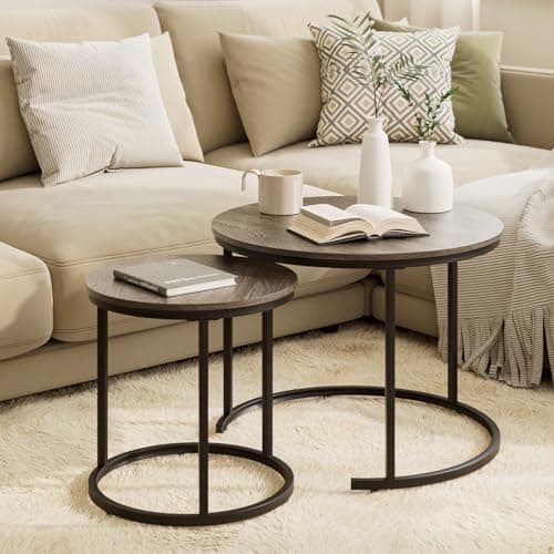 Image of HEYZOEY Round Coffee Tables, Removable Set of 2 End Table, Nesting Tables with Black Metal Frame Legs and Wooden Grey Top for Living Room, Bedroom, Office, Balcony, Apartment (Grey)