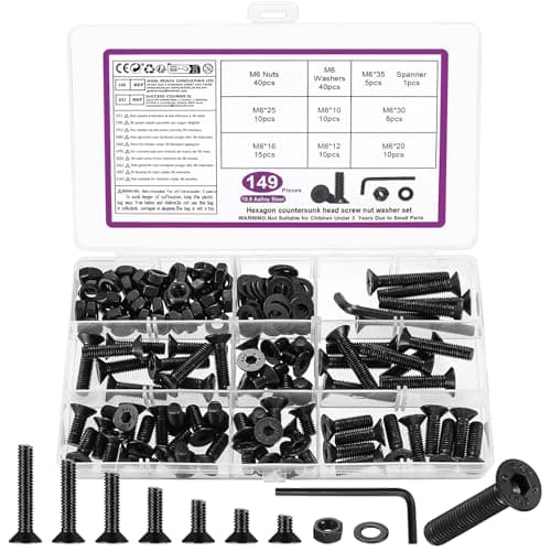 Image of 149 Pcs M6 Screws Set, M6 Bolts and Nuts Set, Countersunk Bolts Set, Flat Head Machine Screws and Nuts and Washers Set, Hex Socket Head Cap Screw Assortment with Wrench