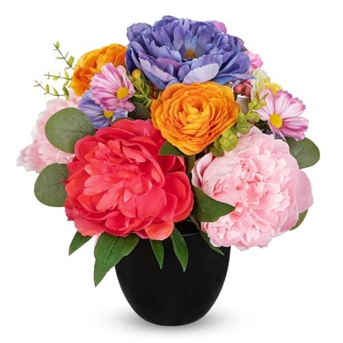 Image of Arborus 34CM Artificial Peonies Flower in Black Pot Peony Artificial Flowers Silk Floral Arrangements Pink & Purple Faux Flowers Spring Flower Centrepiece for Living Room Dining Table Desk Decoration