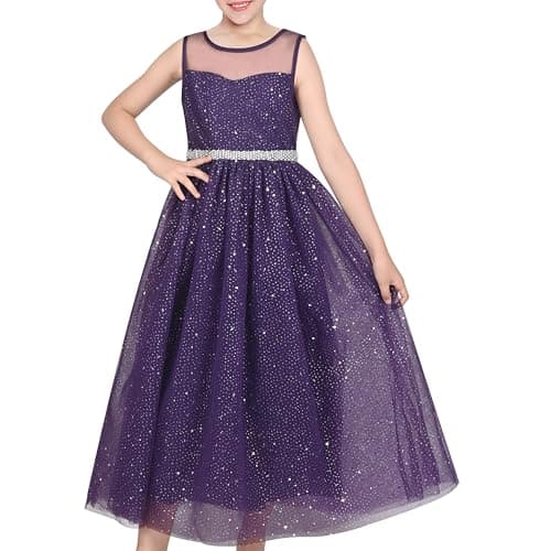 Image of Sunny Fashion Girls Dress Purple Sequin Tulle Sheer Mesh Maxi Wedding Prom Special Occasion Age 8 Years