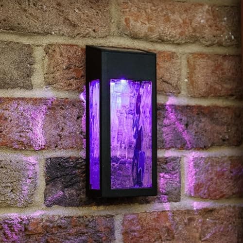 Image of Auraglow Solar Powered Colour Changing Glass Wall Light, Dusk til Dawn, IP44, Ripple Glass Effect, RGB & White, Lantern for Garden, Fence, Wall, Patio, Garage, Shed (4 Pack)