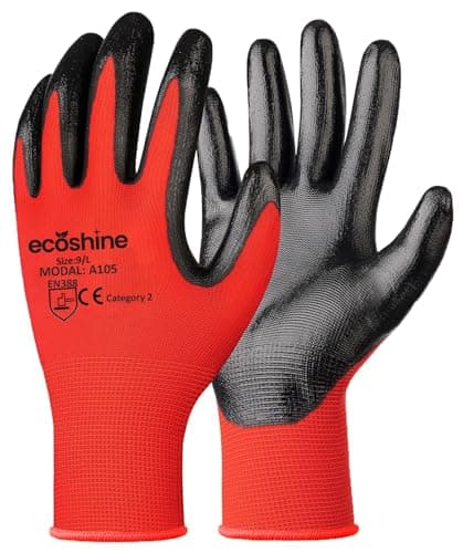 Image of Ecoshine Supplies 24 Pairs work Gloves Red Nitrile Coated Gloves, Heavy Duty Non-Slip Grip for Building and Gardening Warehouse Gloves PREMIUM Quality (X-Large/10)