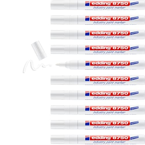 Image of edding 8750 industry paint marker - white - 10 pens - round nib 2-4 mm - paint marker for writing on dusty, slightly oily surfaces, tyres, metal, glass and wood - permanent, waterproof