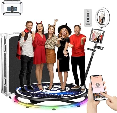 Image of 360 Photo Booth with Flight Case 100CM Ring Light, YCKJNB 360 Photo Booth Machine for Parties 39.4",Software Remote Control or 5-7 People to Stand on