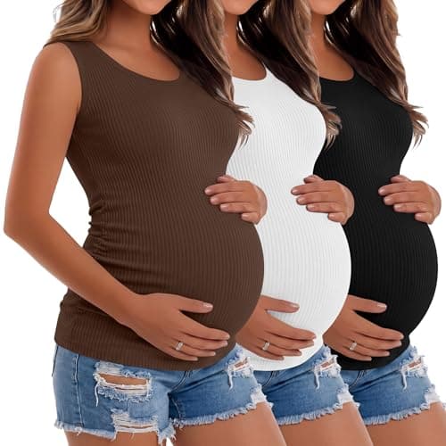 Image of Riyiper 3 Pack Women's Maternity Tank Tops, Sleeveless Cotton Pregnancy Shirts Ribbed Knit Sides Ruched Basic Mama Clothes (Black, White, Coffee,Small)