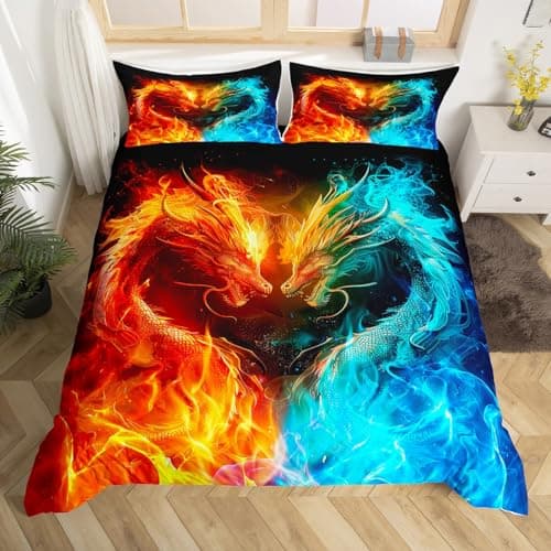 Image of Loussiesd Kids Dragon Duvet Cover Single Size Ice Fire Dragon Bedding Set Wild Animal Comforter Cover Set Couple Wildlife Bedspread Cover Yellow and Blue Quilt Set with 1 Pillow Case 2PCS