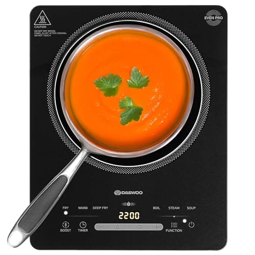 Image of Daewoo Single Induction Hob, 2200W Portable Electric Cooktop with 6 Cooking Presets, Digital LED Touch Controls, 3-Hour Timer, Boost Function, for Steel & Cast Iron Cookware, Black