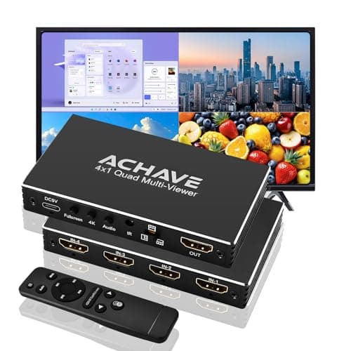 Image of ACHAVE 4x1 HDMI Multiviewer Switch, 4K@30Hz Quad Screen Splitter with 10 Display Modes, Seamless Switching, IR Remote Control, Compatible with Laptop, Xbox, TV Box