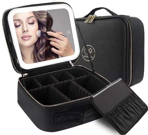 Image of MOMIRA Travel Makeup Bag Cosmetic Bag Makeup Organizer Bag with Lighted Mirror, Adjustable Brightness in 3 Color Scenarios, Waterproof Makeup Train Case, Gift for Women - Black