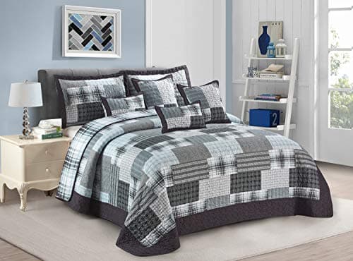 Image of Householdfurnishing 3 Piece Printed Patchwork Bedspread Quilted Bed Throw Comforter with Pillow Shams (Check Denim Grey, Single)