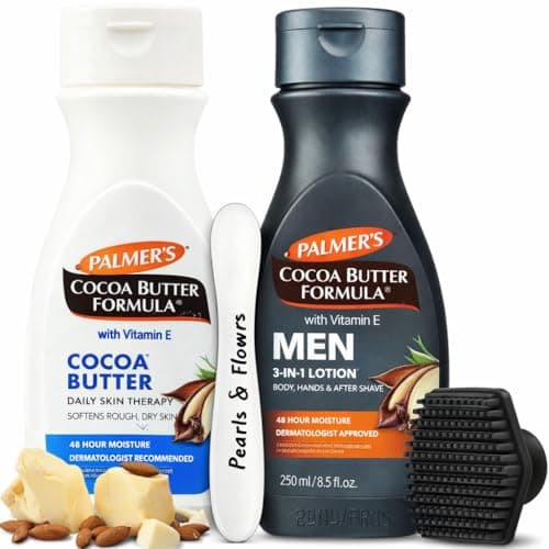 Image of Cocoa Butter Set Palmer's – 250ml Body Lotion + Men 3-in-1 (2 x 250 ml) with Vitamin E + Spatula + Silicone Cleansing Scrubber | Body Butter for Dry Skin | Face Cream for Men | Gift Ready Set
