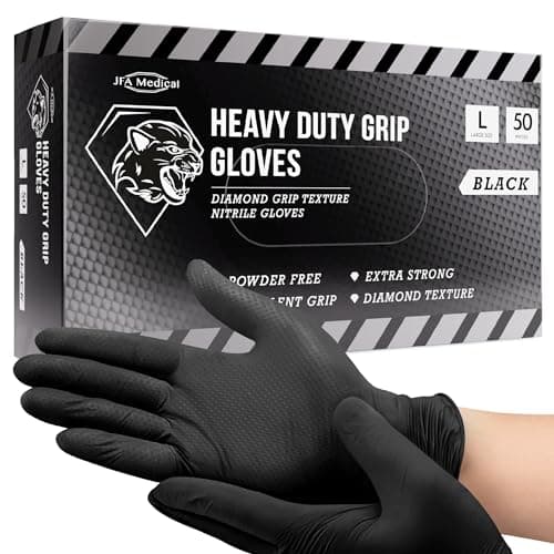 Image of JFA Medical Disposable Heavy Duty Mechanic Powder Free Latex Free Black Diamond Grip Nitrile Gloves - Box of 50 (Large)