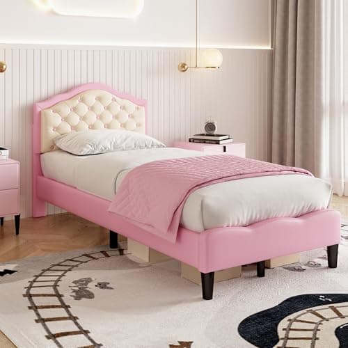 Image of BTM 3ft Single Bed Frame, Upholstered Single Bed with Adjustable Button-Tufted Headboard, PU Faux Leather Single Bed Frame with Solid Wood Slats, 90x190cm, Pink+Beige (No Mattress)
