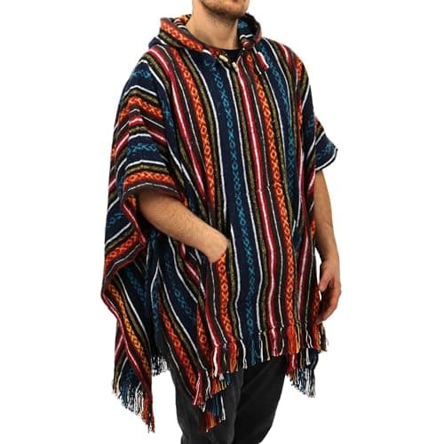 Image of LOUDelephant 100% Woven Gheri Cotton Mexican Style Hooded Poncho - Blue & Red