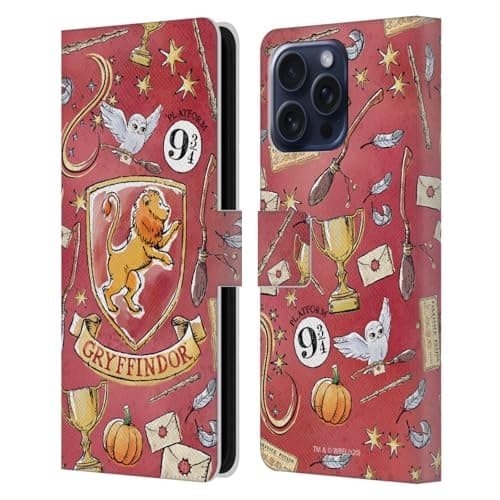 Image of Head Case Designs Officially Licensed Harry Potter Gryffindor Pattern Deathly Hallows XIII Leather Wallet Case Compatible With Apple iPhone 16 Pro Max